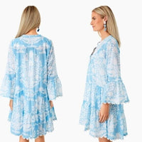 Juliet Dunn NEW Pastel Blue Palladio Flared Sleeve Mini Dress Blue White Size S