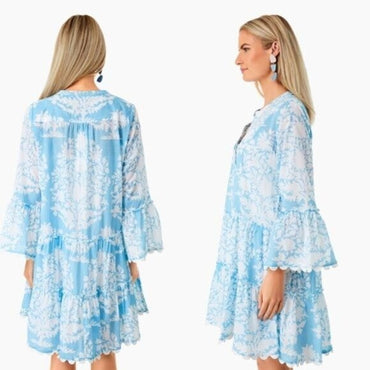 Juliet Dunn NEW Pastel Blue Palladio Flared Sleeve Mini Dress Blue White Size S