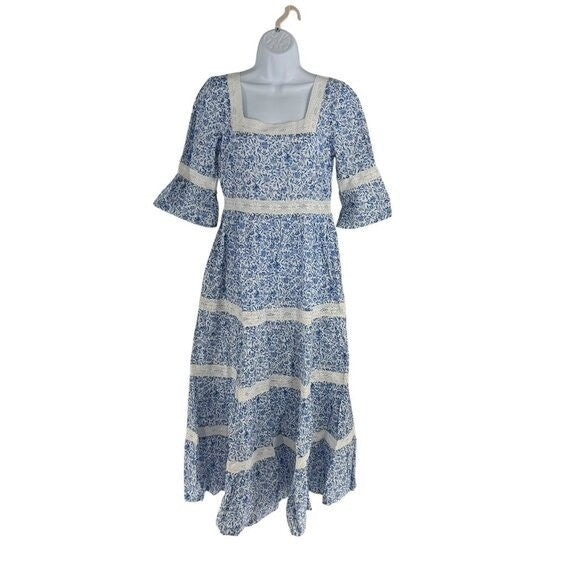 Pink City Prints NEW Celine Sky Chintz Blue Lace Floral Maxi Dress Size S