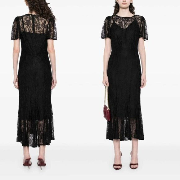 Rhode NEW Arabella Lace Black Short Sleeve Semi Sheer Formal Midi Dress Size 0