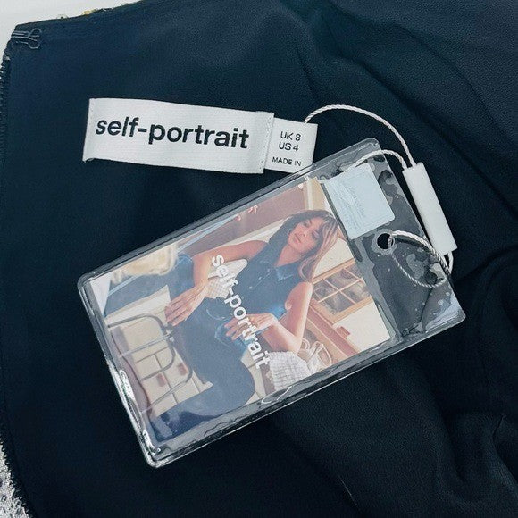 SELF-PORTRAIT NEW Embellished Black Gold Satin Short Sleeve Blouse Size 4