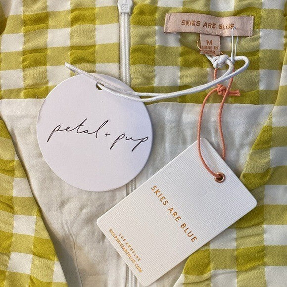 Petal & Pup NEW Tenice V Neck Gingham Puff Sleeve Mini Dress Green Size M