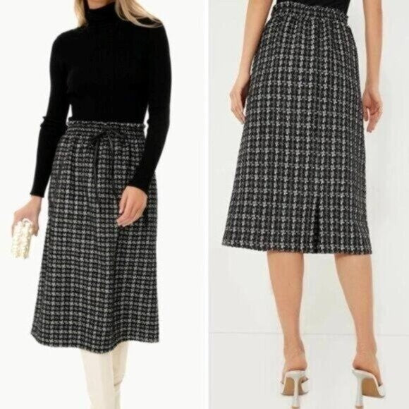 Tuckernuck NEW Black Plaid Onyx Cece Tweed Retro High Rise Midi Skirt Size L