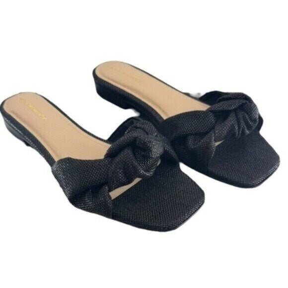 Tuckernuck NEW Black Raffia Britt Square Toe Knot Slip On Flat Sandal Size 6