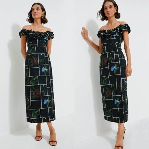 Tuckernuck NEW Black Fresher Buds Suze Floral Patchwork Denim Maxi Dress Size 2