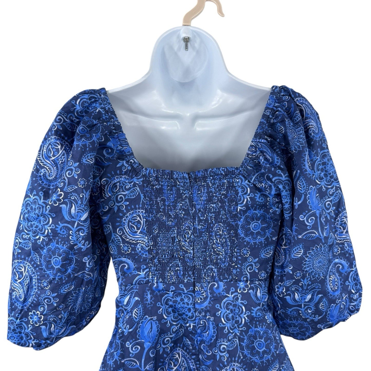 Hyacinth House NEW Blue Mod Paisley Bianca Puff Sleeve V Neck Mini Dress Size XL