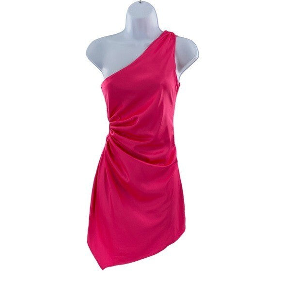 Baobab NEW Celia Satin One Shoulder Barbiecore Mini Dress in Frambuesa Size XS