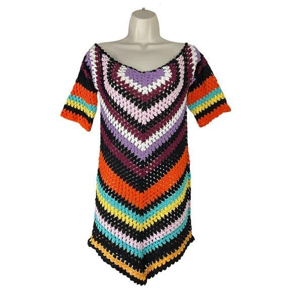 Alix Pinho | NEW Hastanking Open Knit Crochet Mini Dress in Multicolor Size M
