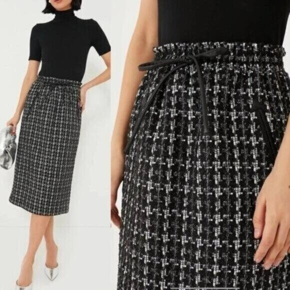 Tuckernuck NEW Black Plaid Onyx Cece Tweed Retro High Rise Midi Skirt Size L