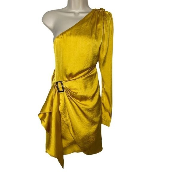 Lovers + Friends NEW Ana One Shoulder Satin Party Mini Dress in Yellow Size XXS