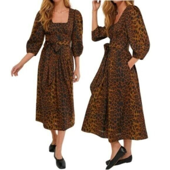 Tuckernuck NEW Leopard Graciela Puff Sleeve Square Neck Midi Dress Size 14