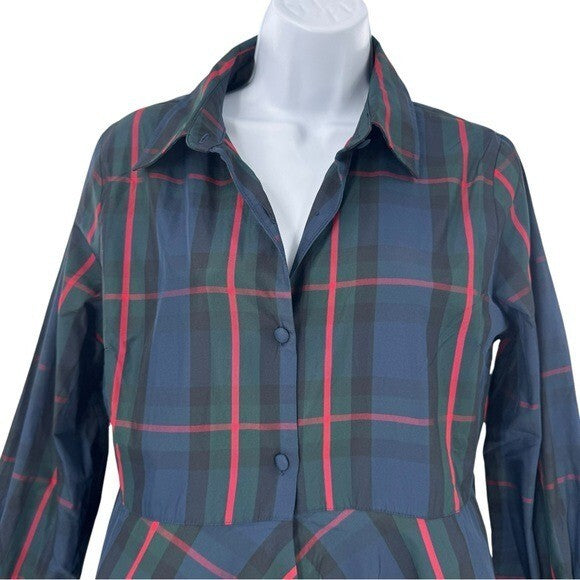Pomander Place NEW Fraser Navy Plaid Ashlen Peplum Long Sleeve Blouse Top Size M