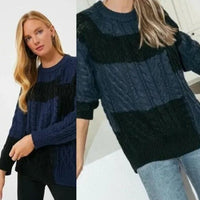 Tuckernuck NEW Navy Patchwork Cable Knit Relaxed Fit Pullover Sweater Size M