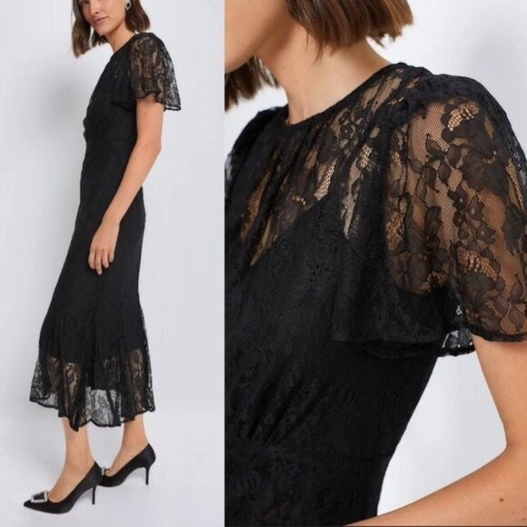 Rhode NEW Arabella Lace Black Short Sleeve Semi Sheer Formal Midi Dress Size 0