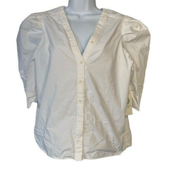 Hyacinth House NEW White V-Neck Puff Sleeve Kit Button Up Blouse Top Size Medium