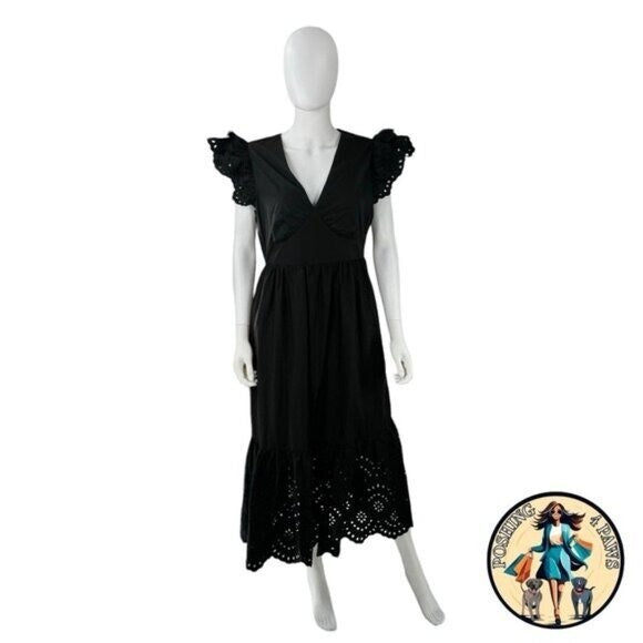 Hyacinth House NEW Black Eyelet Marshall V Neck Classic Midi Dress Size XXS