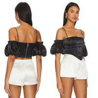 superdown Black Satin Off the Shoulder Phoebe Corset Top in Black Size Small
