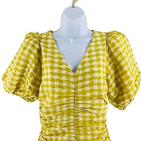 Petal & Pup NEW Tenice V Neck Gingham Puff Sleeve Mini Dress Green Size S