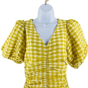 Petal & Pup NEW Tenice V Neck Gingham Puff Sleeve Mini Dress Green Size S