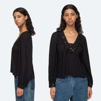Sea New York NEW Charlotte Black Embellished Long Sleeve V Neck Top Size S