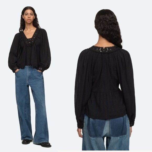 Sea New York NEW Charlotte Black Embellished Long Sleeve V Neck Top Size XS