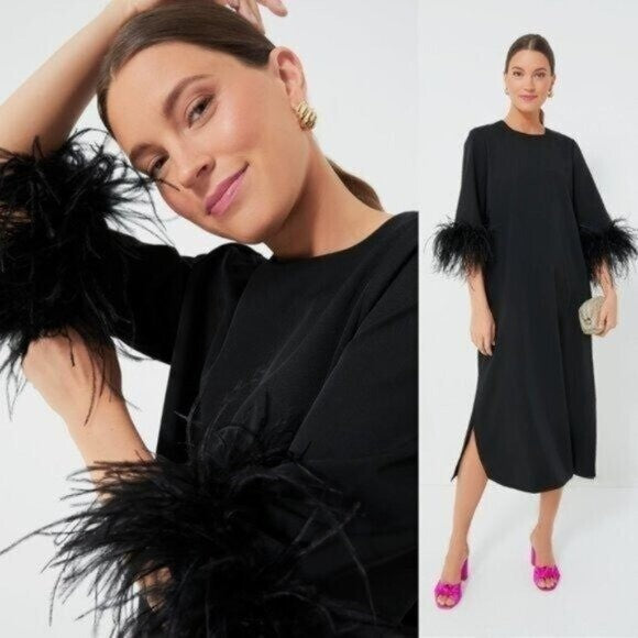 Tuckernuck NEW Black Feather Jamie Formal 3/4 Sleeve Maxi Dress Size XS