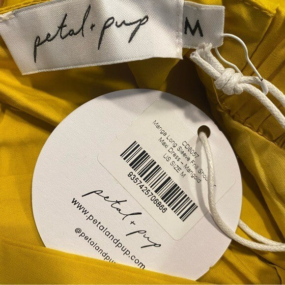 NEW Petal & Pup Mariga Long Sleeve Frill Shoulder Midi Dress in Marigold Size M
