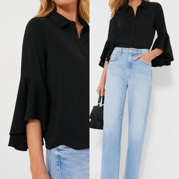 Tuckernuck NEW Black Norah Bell Sleeve Collared Button Down Blouse Top Size L