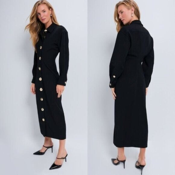 Tuckernuck NEW Black Petra Long Sleeve Gold Hammered Button Midi Dress Size L