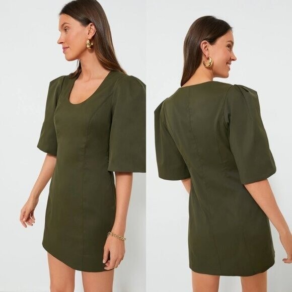 Tuckernuck NEW Olive Twill Ariella Puff Sleeve Scoop Neck Mini Dress Size M
