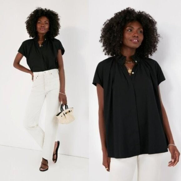 Pomander Place | NEW Black Rae Short Cap Sleeve Ruffle Collar Blouse Size S