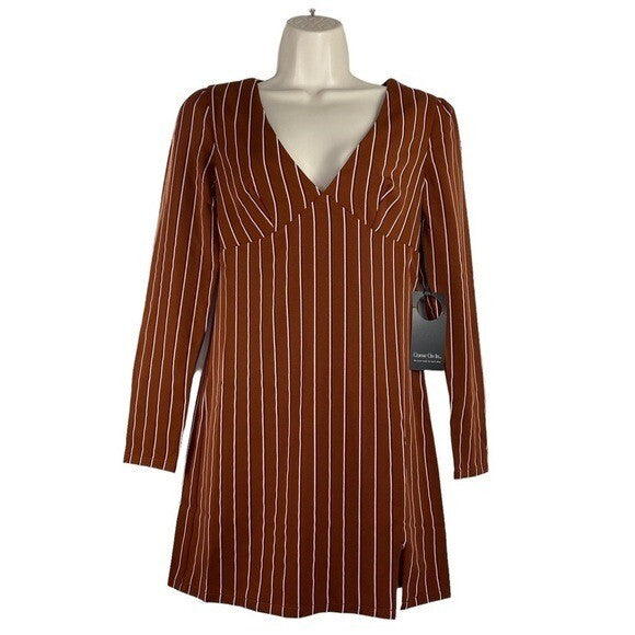 Privacy Please | NEW Curtis Long Sleeve Mini Dress in Tan Stripe Size XS