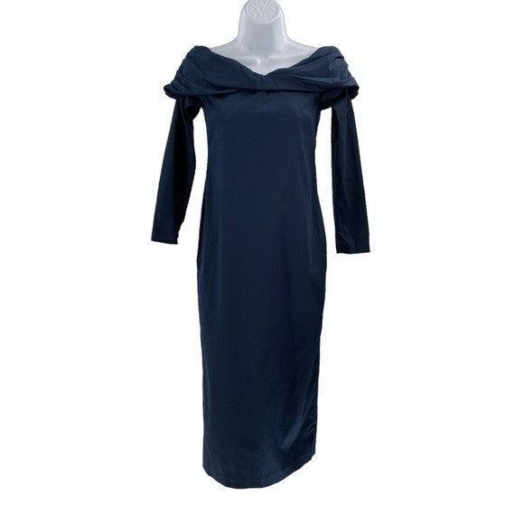 Kika Vargas NEW Off the Shoulder Long Sleeve Formal Midi Dress Navy Blue Size XS
