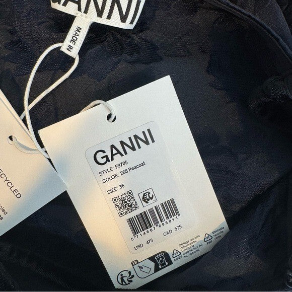 GANNI NEW Navy Blue Botanical Jacquard Formal Bow Strap Midi Dress Size 4