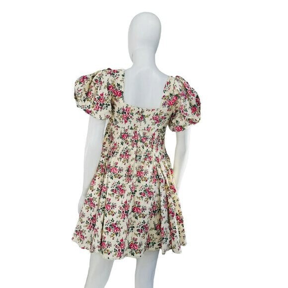 Hyacinth House NEW Ivory Pink Floral Puff Sleeve Mini Dress Size Small