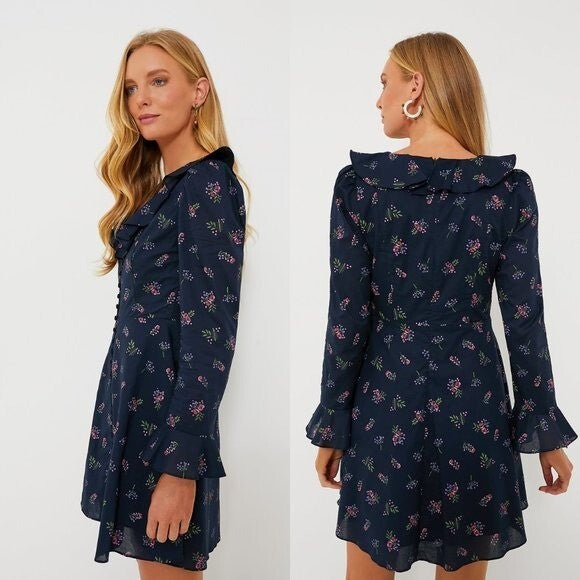 Hyacinth House NEW Navy Floral Ruffle Neck Norah Long Sleeve Mini Dress XS