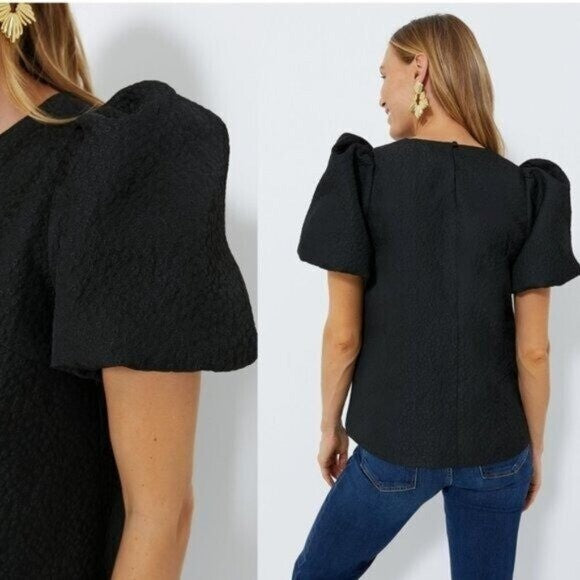Pomander Place | NEW Black Jacquard Lyla Short Bubble Sleeve Blouse Size XS