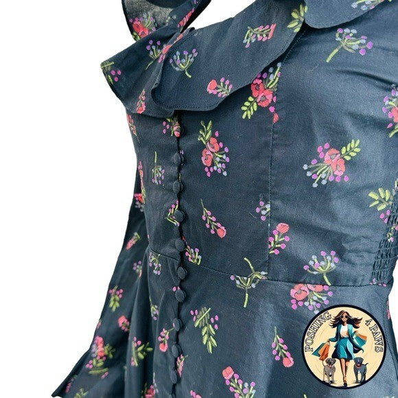 Hyacinth House NEW Navy Floral Ruffle Neck Norah Long Sleeve Mini Dress XS