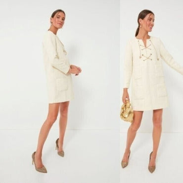 Tuckernuck NEW Blanc Ivory Tie Tweed Kelly Long Sleeve Mini Dress Size XS
