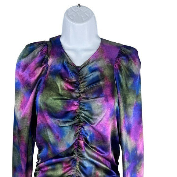 Ganni NEW Watercolor Simply Purple Silk Stretch Formal Satin Midi Dress Size L