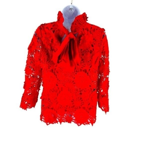 Tuckernuck | NEW Red Guipure Classy Lace Faye Bow Preppy Blouse Size XL
