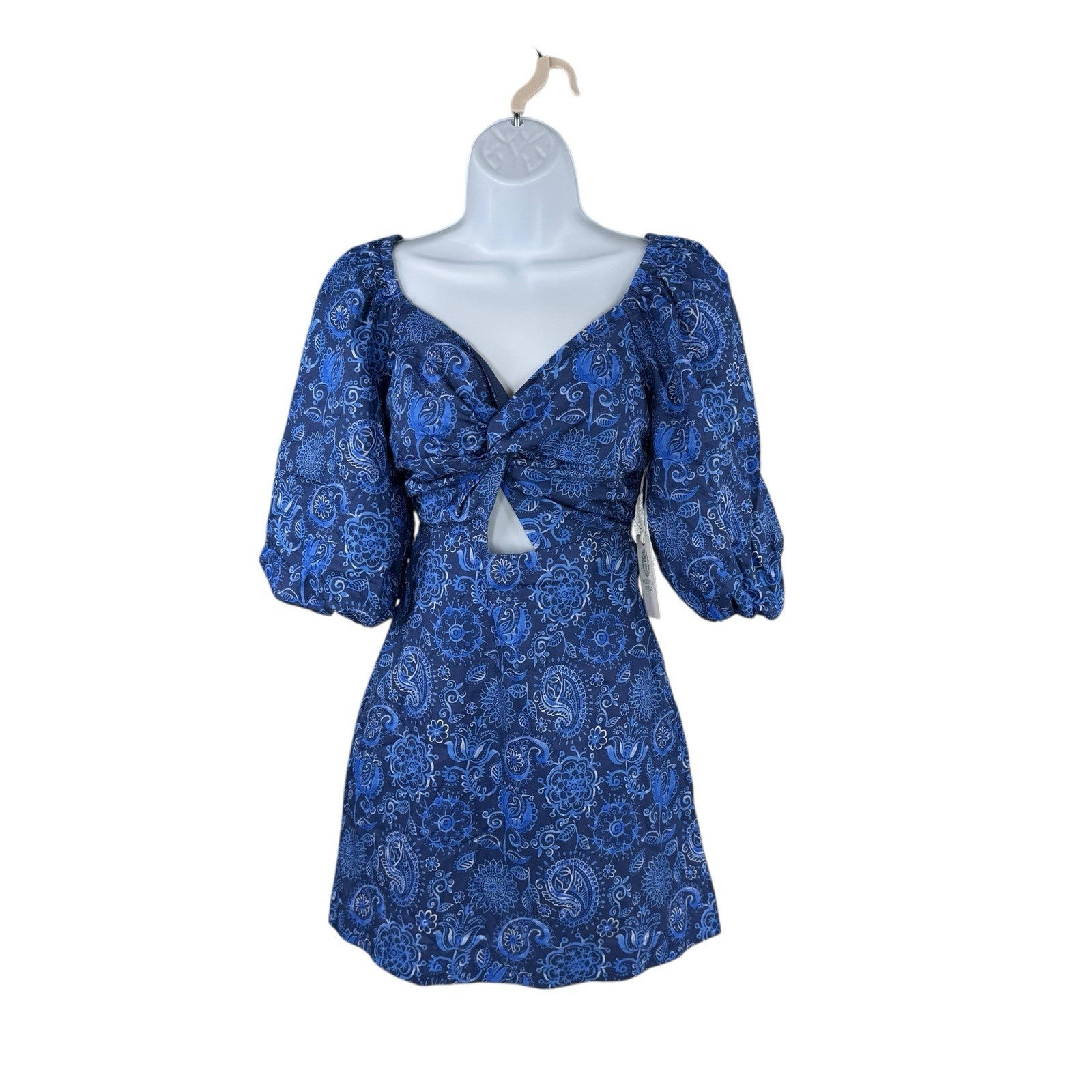 Hyacinth House NEW Blue Mod Paisley Bianca Puff Sleeve V Neck Mini Dress Size XL
