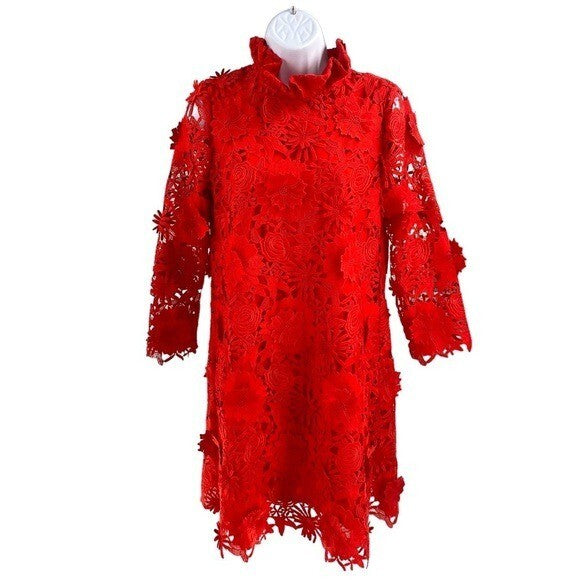 Tuckernuck | NEW Red Guipure Lace Daphne Three-quarter Sleeve Mini Dress Size XS