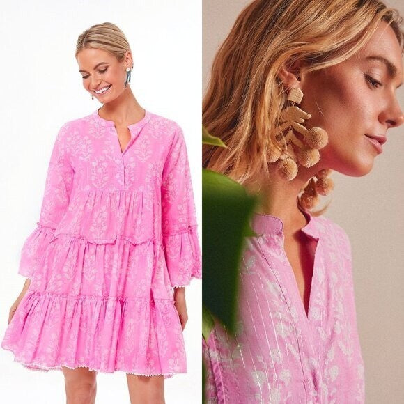 Juliet Dunn NEW Exclusive Orchid Small Flower Lurex Flared Sleeve Dress Size XS