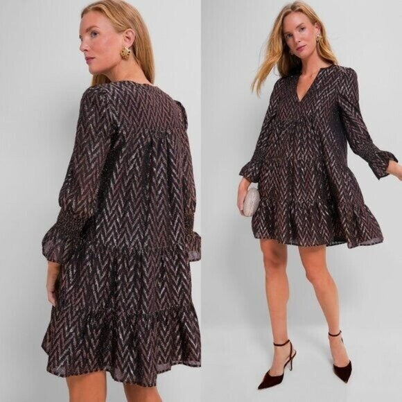 Pomander Place NEW Metallic Ikat Kenzo Long Sleeve Relaxed Fit Mini Dress Size L