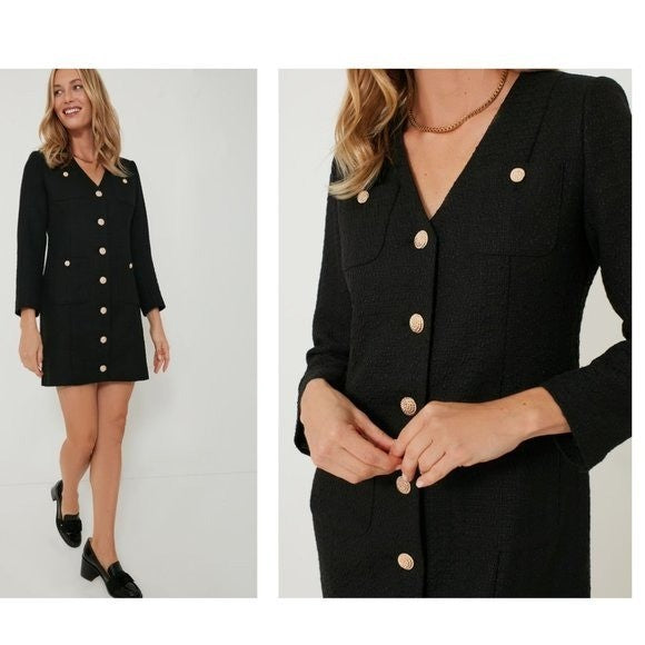 Pomander Place | NEW Black Tweed Keira Long Sleeve Mini Dress Size M