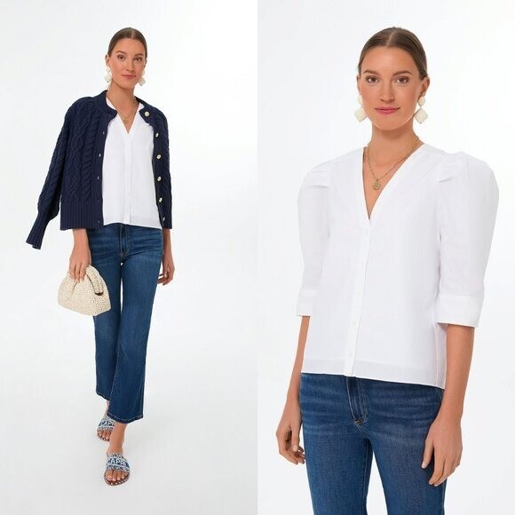 Hyacinth House NEW White V-Neck Puff Sleeve Kit Button Up Blouse Top Size Medium