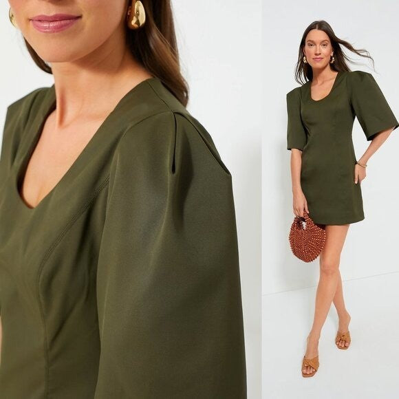Tuckernuck NEW Olive Twill Ariella Puff Sleeve Scoop Neck Mini Dress Size XS