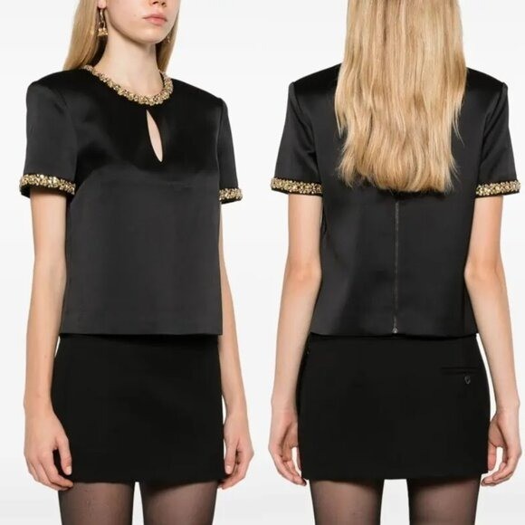SELF-PORTRAIT NEW Embellished Black Gold Satin Short Sleeve Blouse Size 4