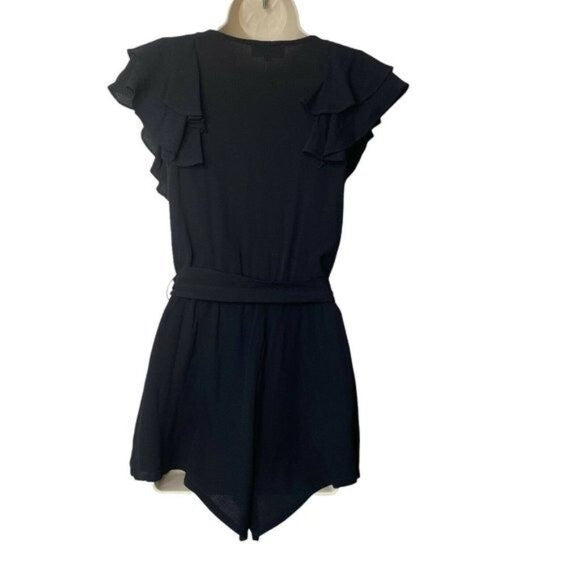 Privacy Please | NWT Rachel Ruffle V Neck Romper in Black Size S